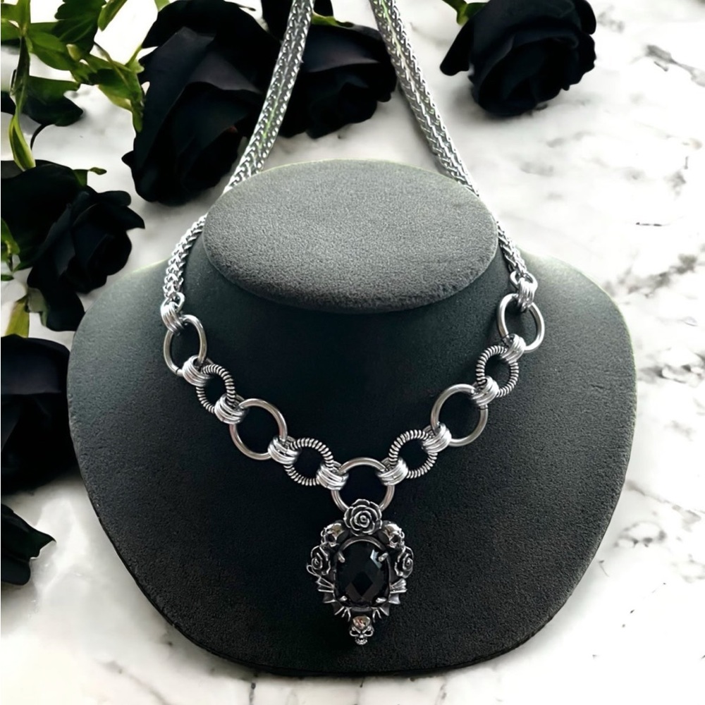 stainless steel necklace double wheat chain onyx stone rose & skull charm - Picture 2 of 13